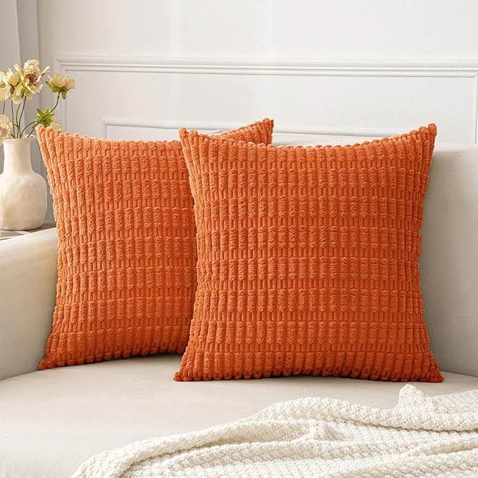 MIULEE Pack of 2 Decorative Orange Throw Pillow Covers 18x18 Inch Soft Boho Striped Corduroy Pillow Covers Modern Farmhouse Fall Home Decor for Sofa Living Room Couch Bed