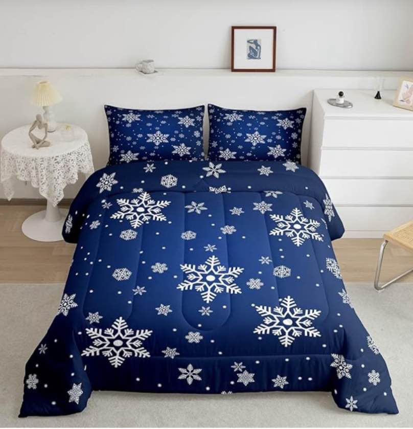 Feelyou Snowflake Bedding Set for Girls Boys Kids Christmas Theme Comforter Bedroom Luxury Winter Floral Decor Comforter Set Blue White Bedding Duvet Set Queen Size 3Pcs Quilted(similar to stock photo)