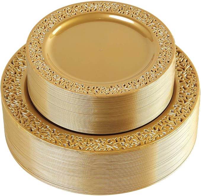 I00000 102 PCS Brown Gold Plastic Plates, Lace Design Disposable Plates, BPA Free Plates Includes: 51 Dinner Plates 10.25 Inch and 51 Salad/Dessert Plates 7.5Inch for Wedding and Party