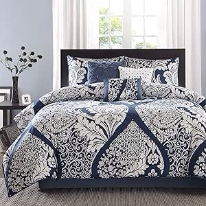 Madison Park Vienna Sateen Cotton Comforter Set, Breathable, Soft Cover, Trendy, All Season Down Alternative Cozy Bedding with Matching Shams, King, Indigo 7 Piece Vienna Indigo King