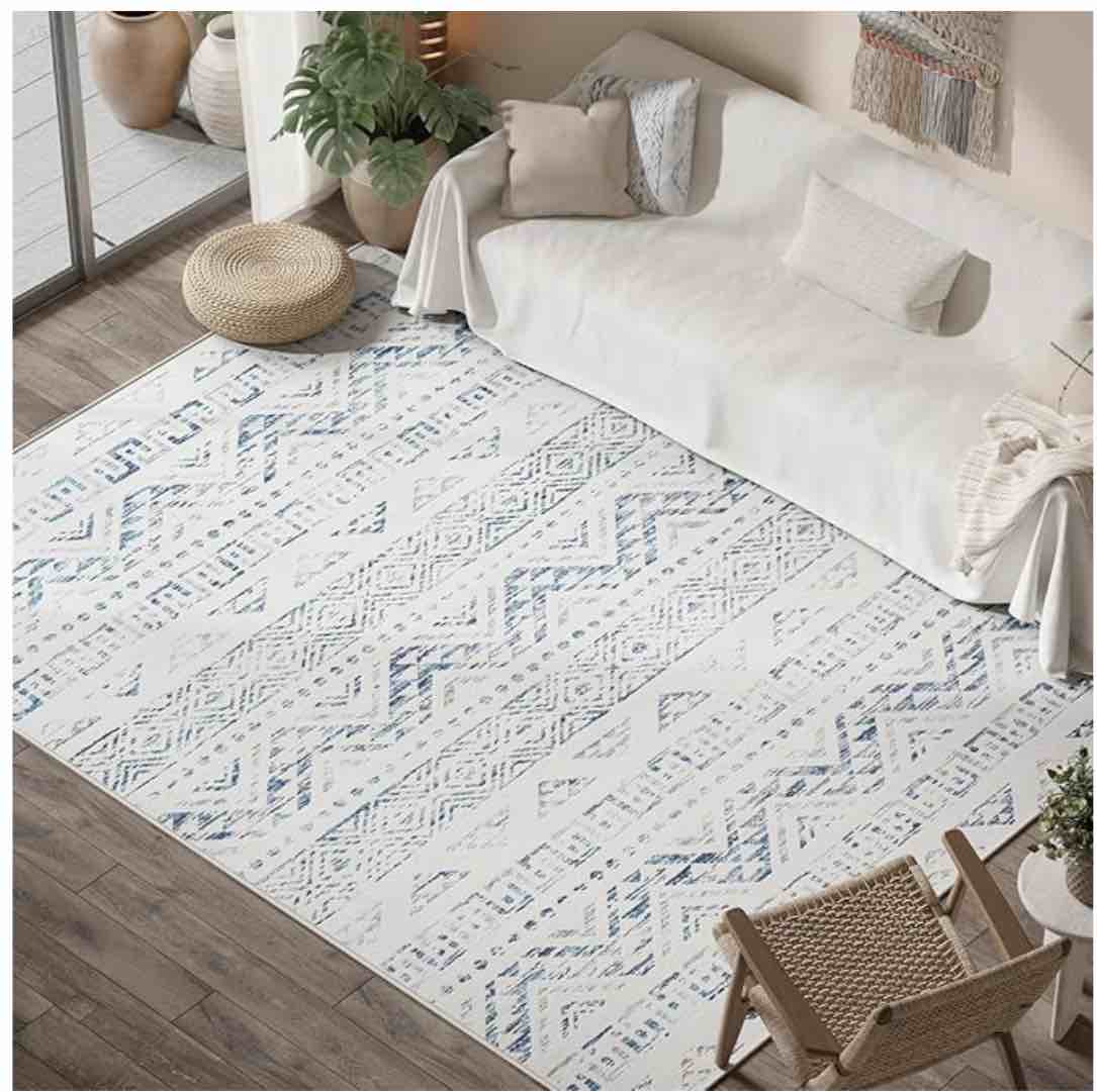 jinchan Area Rug 8x10 Washable Rug Modern Boho Accent Rug Kitchen Rug Indoor Floor Cover Moroccan Geometric Print Diamond Rug Non Slip Carpet for Living Room Bedroom Dining Room Home Office Blue