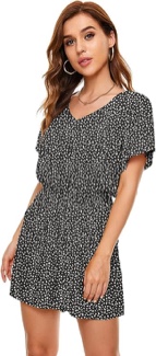 SIZE L Women's Polka Dot Leopard Jumpsuits Solid Color V-Neck Floral Printed Flutter Sleeve Pocket Romper 