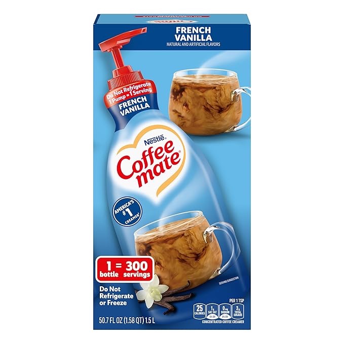 BEST BY DEC 2024 Nestle Coffee Mate Coffee Creamer, French Vanilla, Concentrated Liquid Pump Bottle, Non Dairy, No Refrigeration, 50.7 Ounces