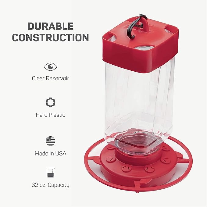 Hummingbird Feeder 32 oz  Plastic Hummingbird Feeders for Outdoors - Circular Perch with 8 Feeding Ports - Wide Mouth for Easy Filling/Base for Easy Cleaning - USA Made