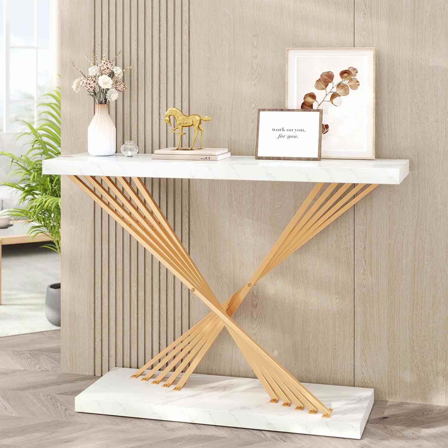 Ivy Bronx Modern Console Table With White Faux Marble Top And Gold Legs