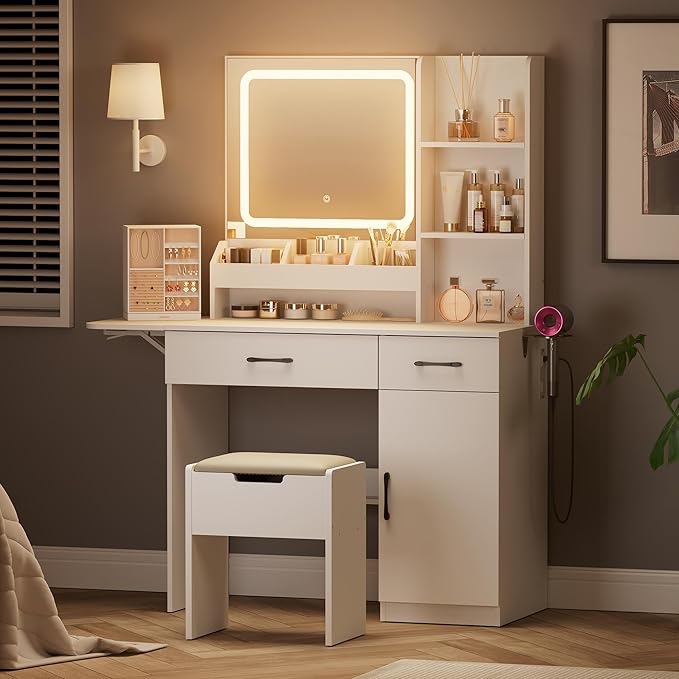Dowinx Vanity Desk with Mirror and 3 LED Lights, Power Outlet Makeup Vanity Table with 3 Drawers and 7 Shelves Dressing Table with Storage Stool for Bedroom Dressing Room, White