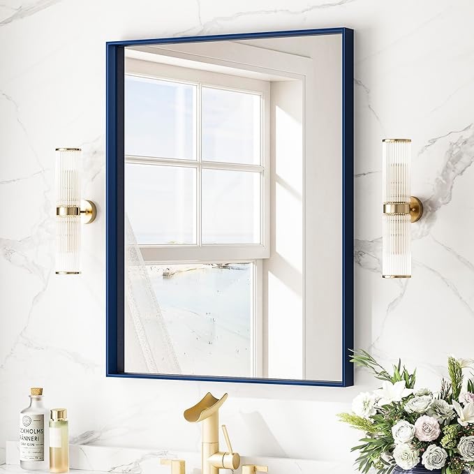 Keonjinn Blue Bathroom Mirror 22 x 30 in Metal Framed Rectangular Wall Mirror Square Corner Metal Modern Farmhouse Mirror Modern Rectangle Navy Blue Mirror for Bathroom Sink(Horizontal/Vertical)