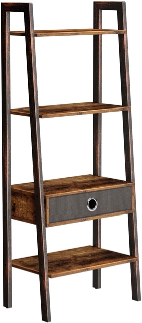 Rolanstar Ladder Shelf with Drawer, Wood Ladder Bookshelf, 4-Tier Leaning Utility Organizer Shelves, Rustic Hand Painted Metal Frame, 54.5”x21.1”x13.5” Shelf for Living Room, Office Room, Rustic Brown