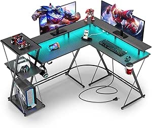 SEVEN WARRIOR L Shaped Gaming Desk with LED Lights & Power Outlets, 50” Reversible Computer Desk with Storage Shelf & Monitor Stand, Corner Desk with Cup Holder, with Headphone Hook, Black