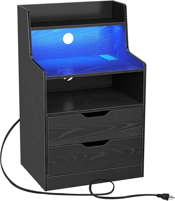 Rolanstar Nightstand with Charging Station and LED Lights, 2 AC and USB Power Outlets, Night Stand with 2 Drawers and Storage Shelves, Bedside Table for Bedroom - Black