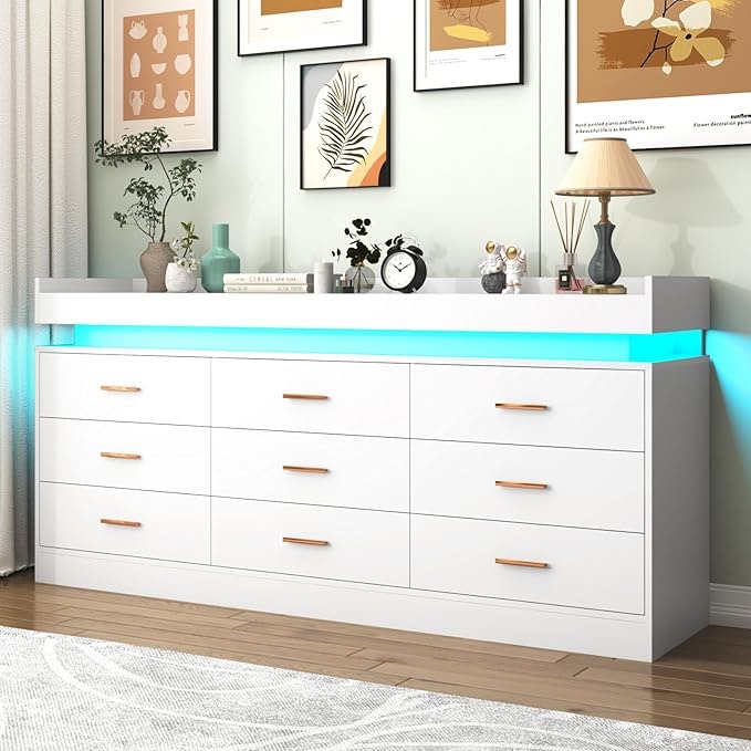 9 Drawer Dresser with LED Light and Charging Station, Modern Chest of Drawers for Closet, Wide Drawer Organizer Cabinet for Bedroom, Living Room, Entryway, Hallway(9 Drawer White)