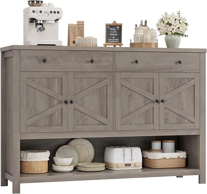 HOSTACK 55'' Buffet Sideboard Cabinet with Storage, Coffee Bar with 2 Drawers, Farmhouse Console Table with Doors, Storage Cabinet with Shelf for Kitchen, Living Room, Entryway