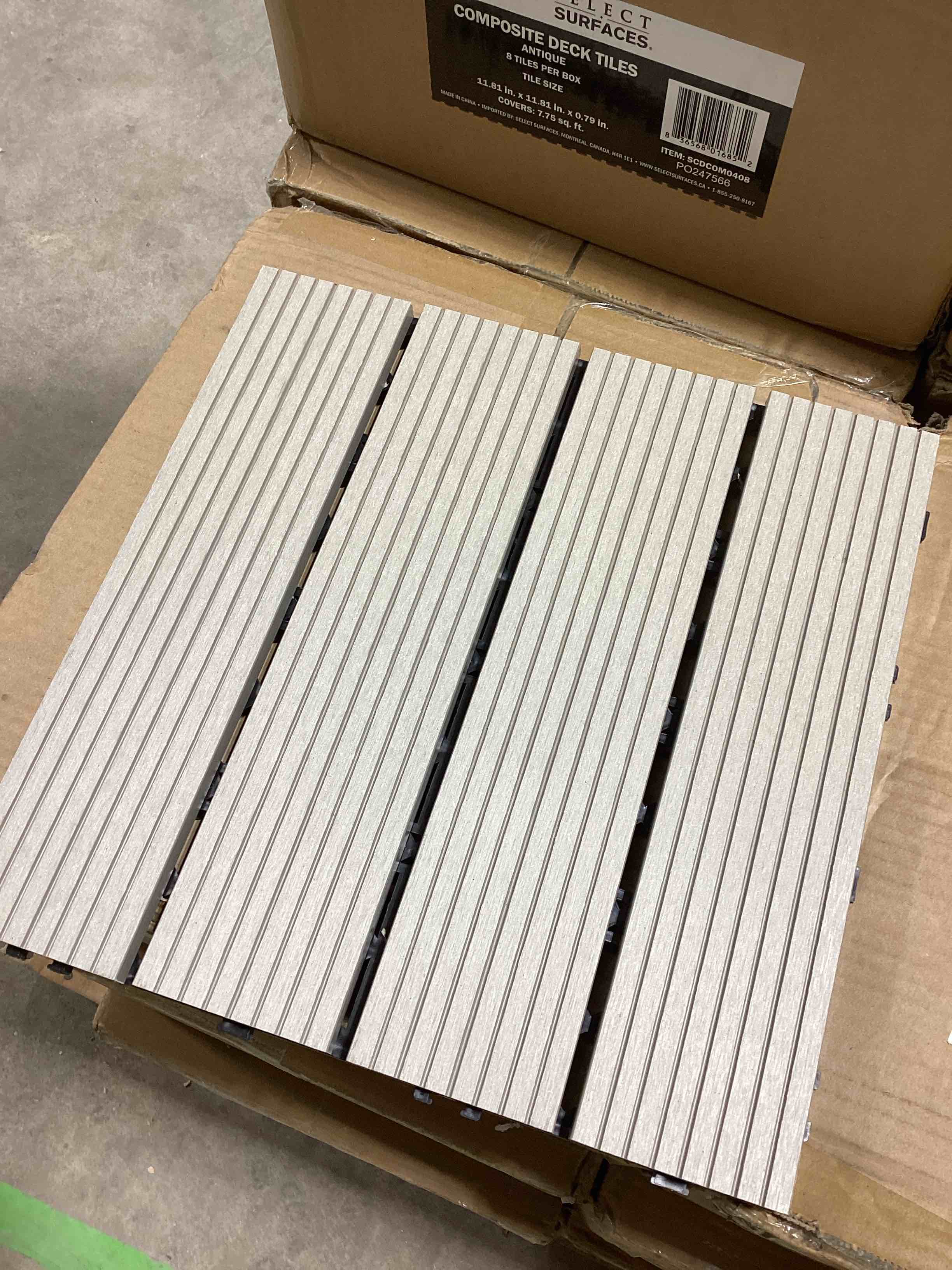 43 BOXES OF Select Services Composite Deck Tiles Antique Eight Tiles Per Box 11.81in x11.81in x0.79in BID PER BOX