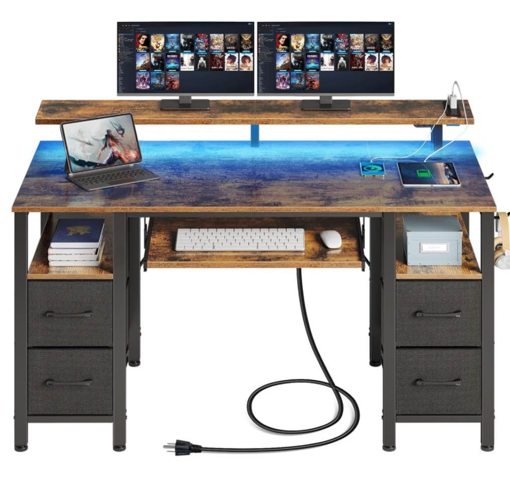 Seventable Computer Desk 55.1" with LED Lights & Power Outlets, Home Office Desk with 4 Drawers, Writing Desk with Keyboard Tray, Study Table with Monitor Stand, Work Table for Office, Rustic Brown