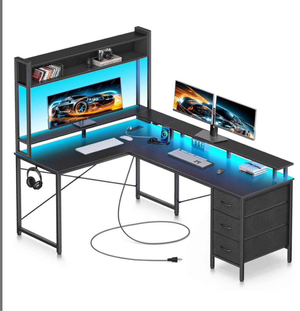Seventable L Shaped Gaming Desk with Drawers, Reversible Computer Desk with LED Lights & Power Outlet, Home Office Desk with Monitor Stand, Hook, Corner Desk with Storage Shelves, Black