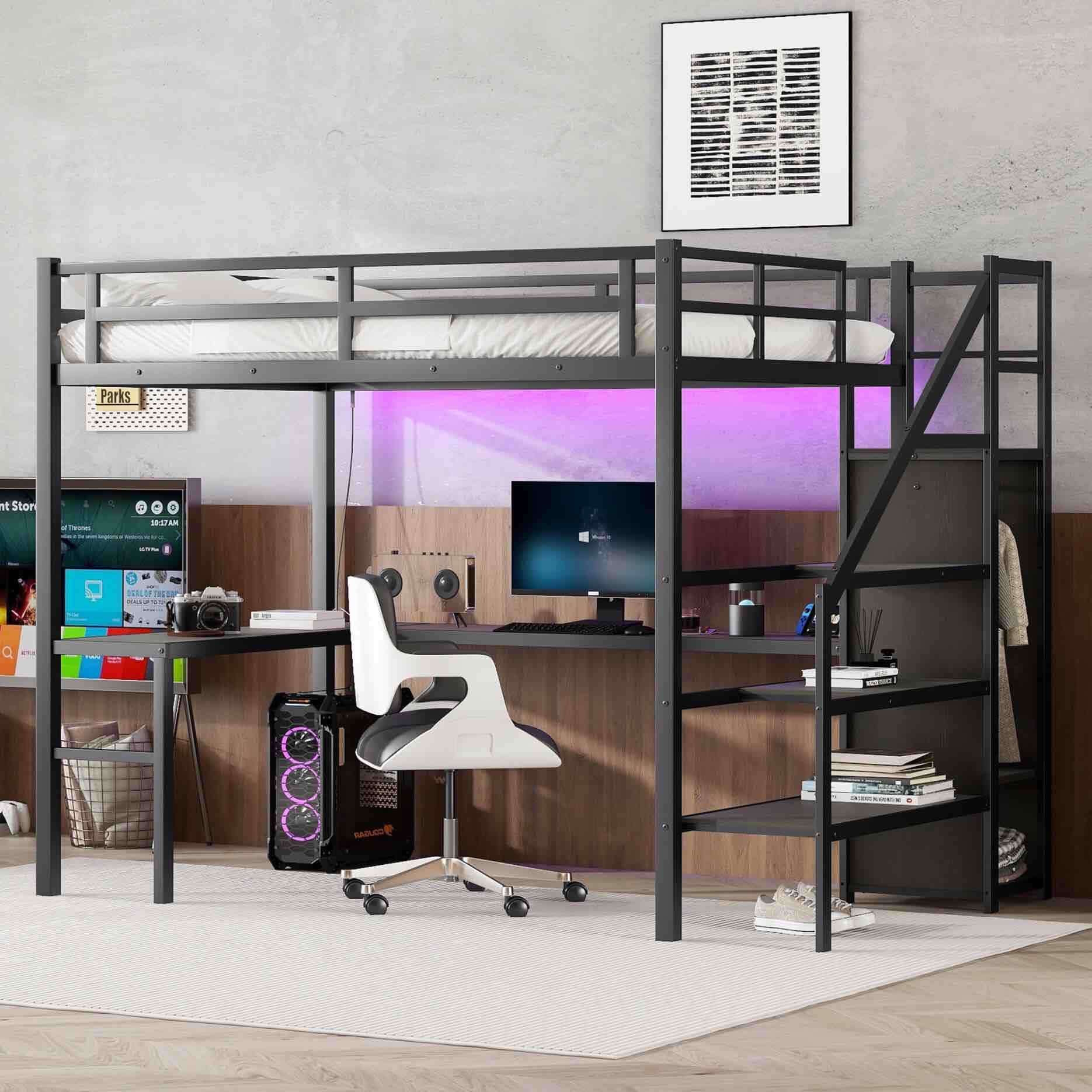Full XL Size Loft Bed with L-shaped Desk and USB, Gaming Loft Bed with LED and Charging Station, Metal Loft Bed with Wardrobe and Adjustable Shelf, High Loft Bed for Kids Teens Adults, Black