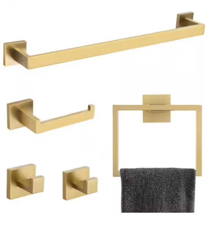 5-Piece Bath Hardware Set with Towel Bar/Rack in Brushed Gold