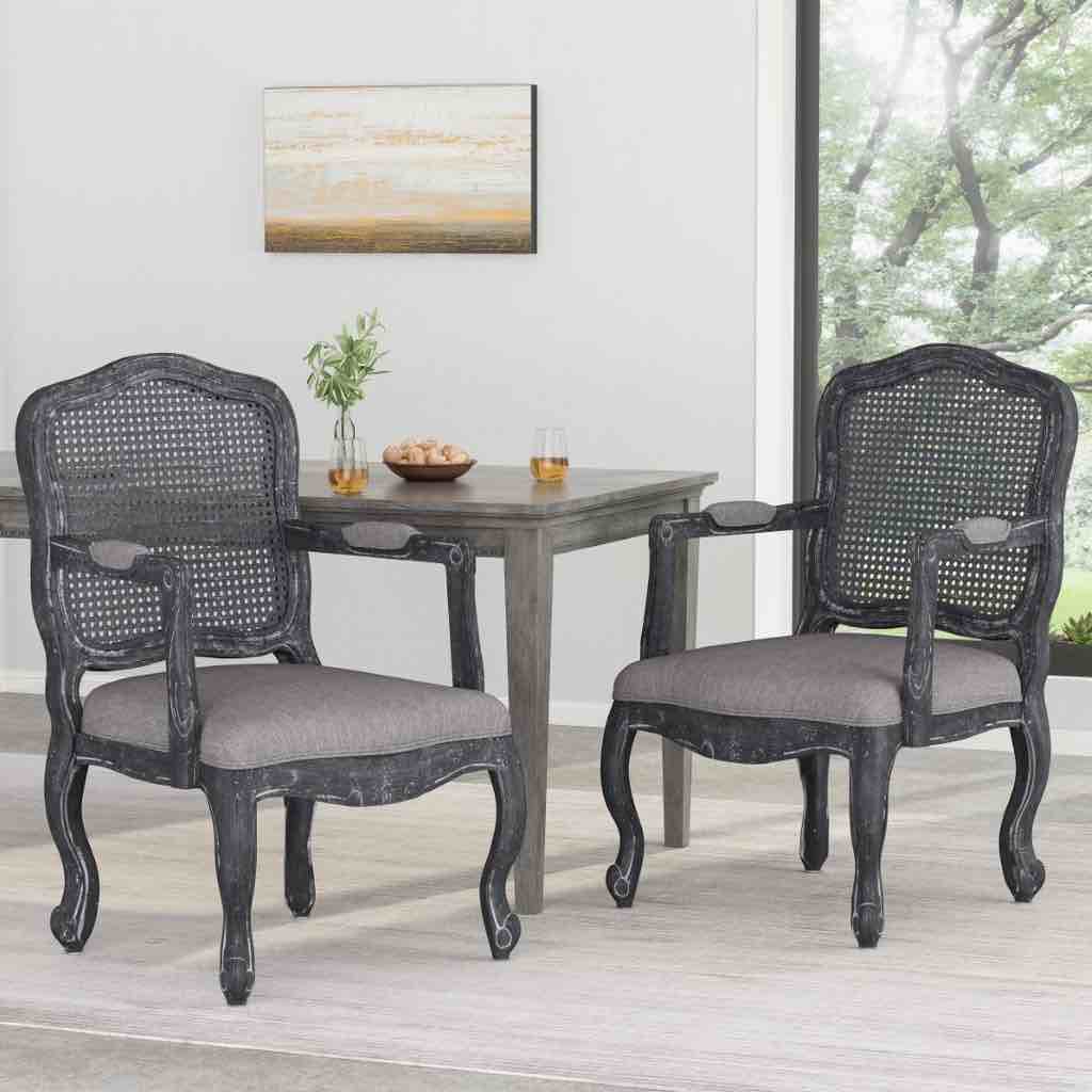 Christopher Knight Home® French Country Wood & Cane Dining Armchair Set - 2 Chairs Rustic Elegance With Cabriole Legs & Cane Backrests - Grey - 29.25 X 30 X 40.25