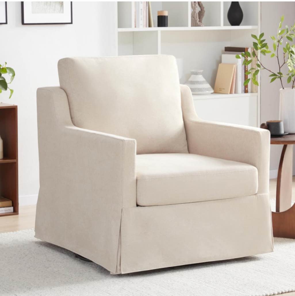 Swivel Skirted Accent Chair with Wide Armrests, Oversized Swivel Slipcover Reading Chair with Soft Seat Cushion, Mid-Century Modern Swivel Arm Chair for Living Room, Bedroom, Beige