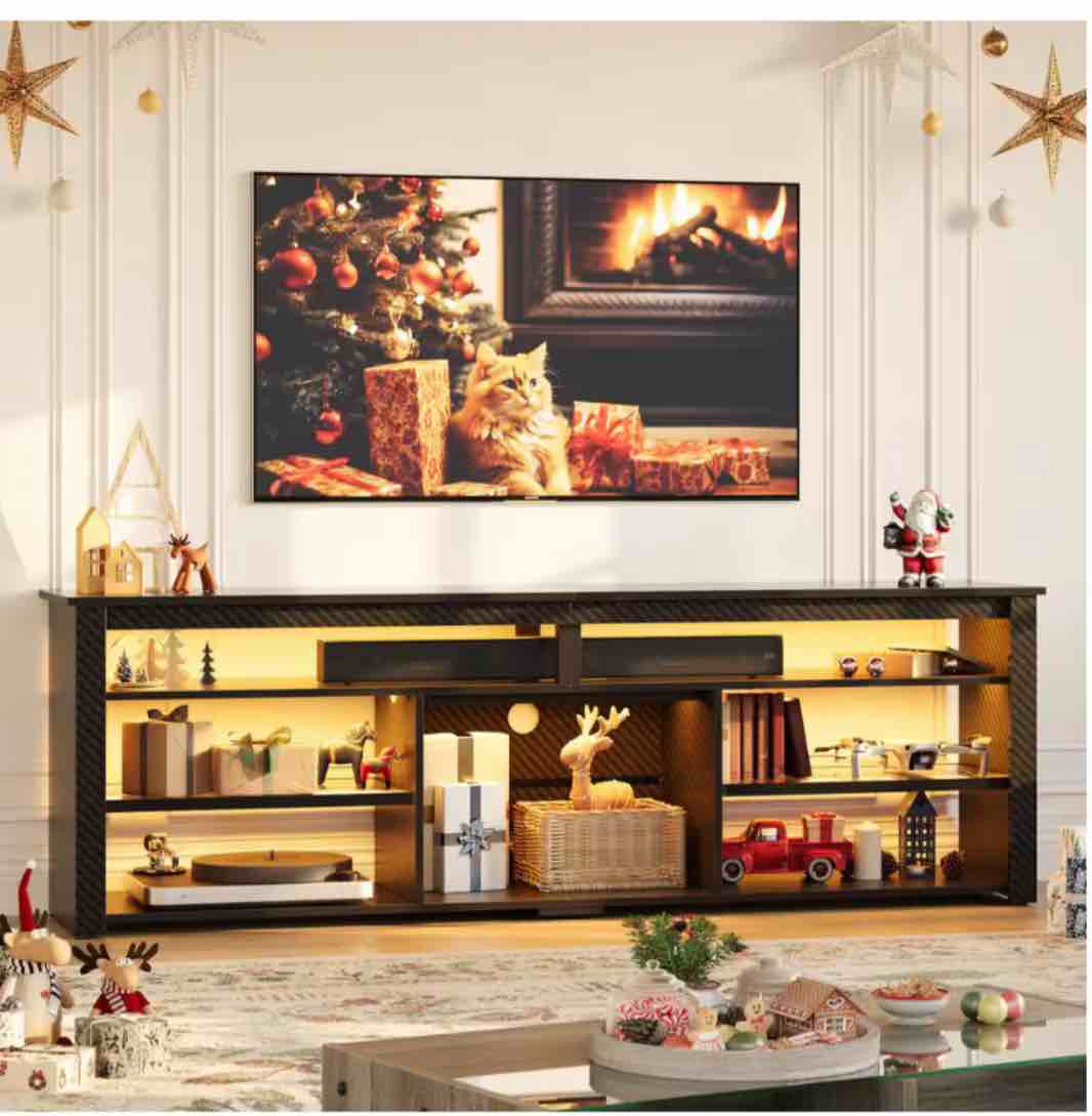 71 in. Carbon Fiber Black TV Stand FIts TV's Up to 75 in. LED Entertainment Center with Adjustable Shelve and Cabinet