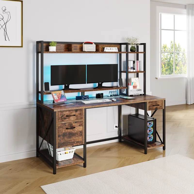 59" LED Computer Desk with Lockable Drawer, Power Outlets, Storage Shelves & Monitor Stand