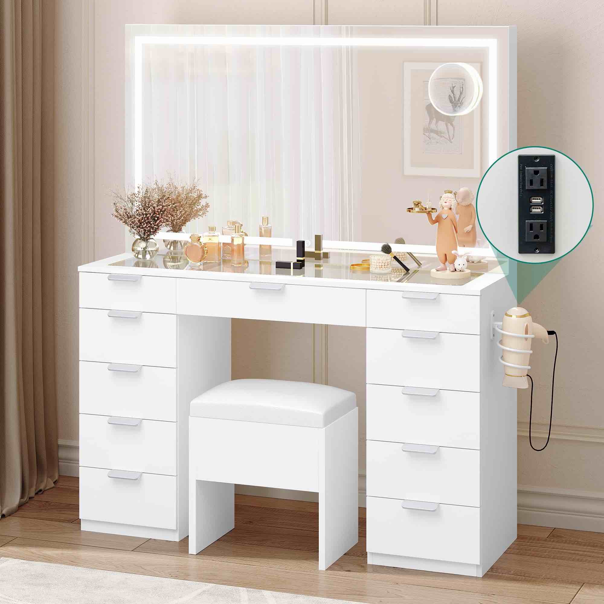 YITAHOME Vanity Desk Set with Large LED Lighted Mirror & Power Outlet, Glass Top Vanity with 11 Drawers and Magnifying Glass, 46'' Large Makeup Vanity with Storage Bench, White Vanity for Bedroom