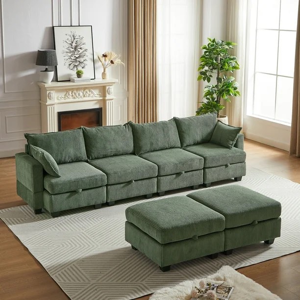 113.5'' Modular Sectiona Corduroy Sofa, 6 Seats Convertible Sectionals with Chaise, U Shaped Sectional Couch with Storage Ottoman,for Living Room, Green