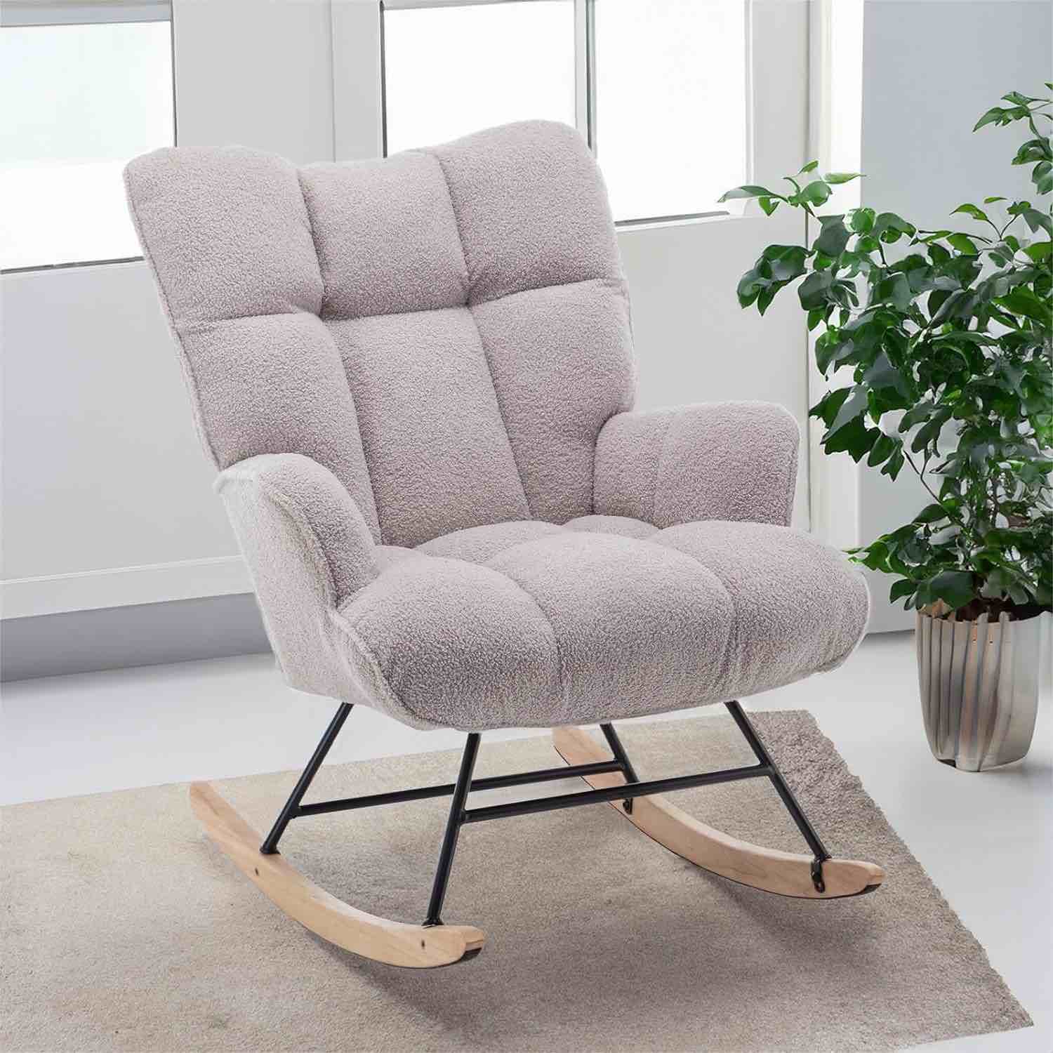 SAETSFEG Grey Nursery Rocking Chair Teddy, High Backrest, Comfortable Stylish with Padded Seat for Living Rooms, Bedrooms, Offices