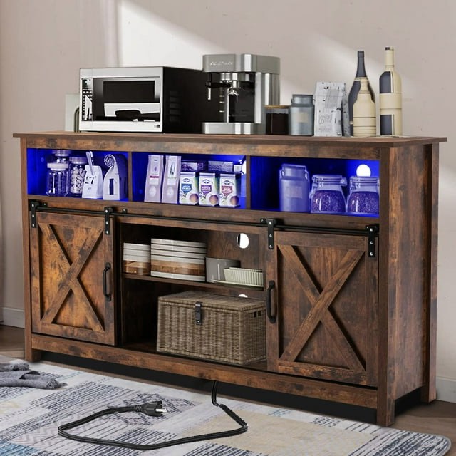 4 Layer Farmhouse Coffee Bar Cabinet With Power Outlet & LED Light, 57" Barn Door Buffet Cabinet Kitchen Storage With Adjustable Shelves(Brown)