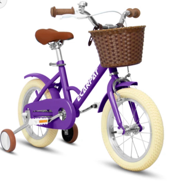 12 Inch Kids Bike For 2 or 3 Years Old children With Two Removable Training Wheels, Basket, Coaster foot brake and V-brake?Adjustable Seat, Purple