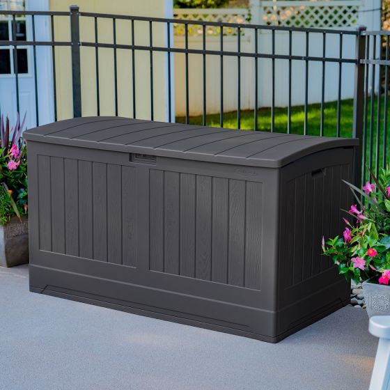 Suncast 200 Gallon Deck Box, Outdoor Storage for Tools, Gardening Equipment, Sports Gear, and More, Peppercorn