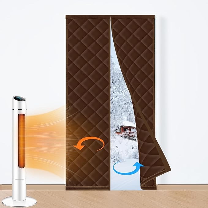 Magnetic Thermal Insulated Door Curtain Fits Door Size 32 x 80 Inch, Door Insulation Cover for Cold, Oxford Cloth Thicken Cotton Filled Blanket for Front Back Attic Door in Winter, Brown 88x209