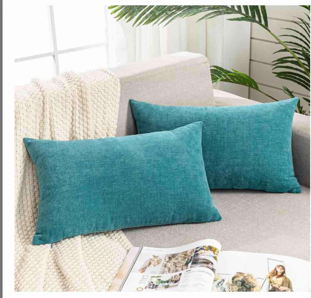 Lumbar Support Pillow Decorative Rectangle Throw Pillow Covers 12"x20" Inch Set of 2,Super soft Chenille Fall Pillowcase for Living Room Bedroom Sofa Couch Cushion Cover Teal 30x50 cm (No Insert)
