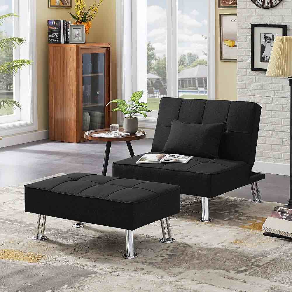 Modern Fabric Single Sofa Bed with Ottoman , Convertible Folding Futon Chair