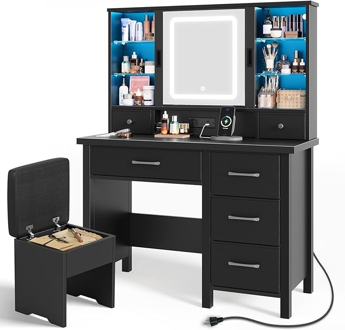 Rolanstar Vanity Desk with Lighted Sliding Mirror & Power Outlet, Vanity Table Set with Chair, 6 Fabric Drawers Makeup Table with LED Strip and Glass Shelves, white 