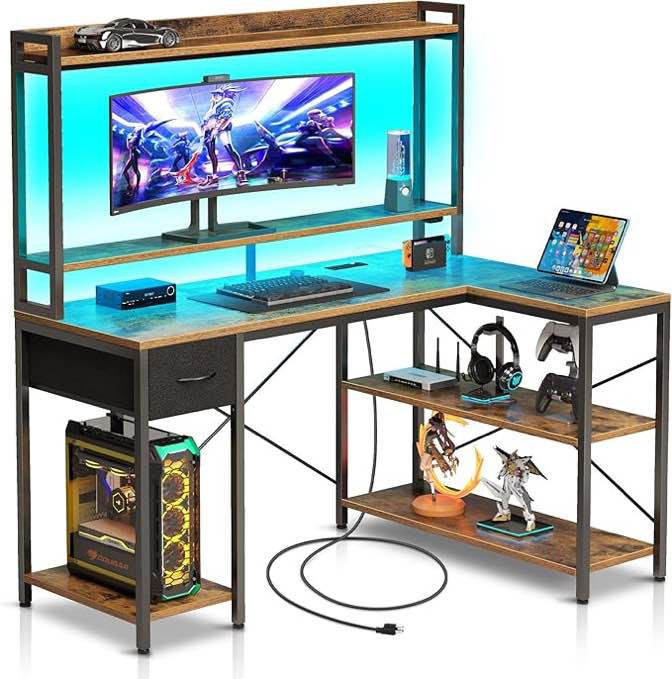 Seventable Gaming Desk with LED Light & Power Outlets, 47 inch Computer Desk with Shelves, Reversible L Shaped Desk with Monitor Stand, Corner Desk for Small Space White 