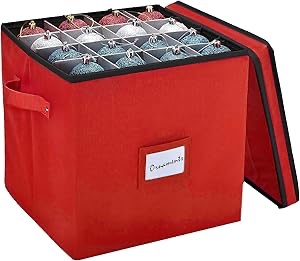 Christmas Ornament Storage - Stores up to 64 Holiday Ornaments, Adjustable Dividers, Zippered Closure with Two Handles. Attractive Storage Box Keeps Holiday Decorations Clean and Dry for Next Season.
