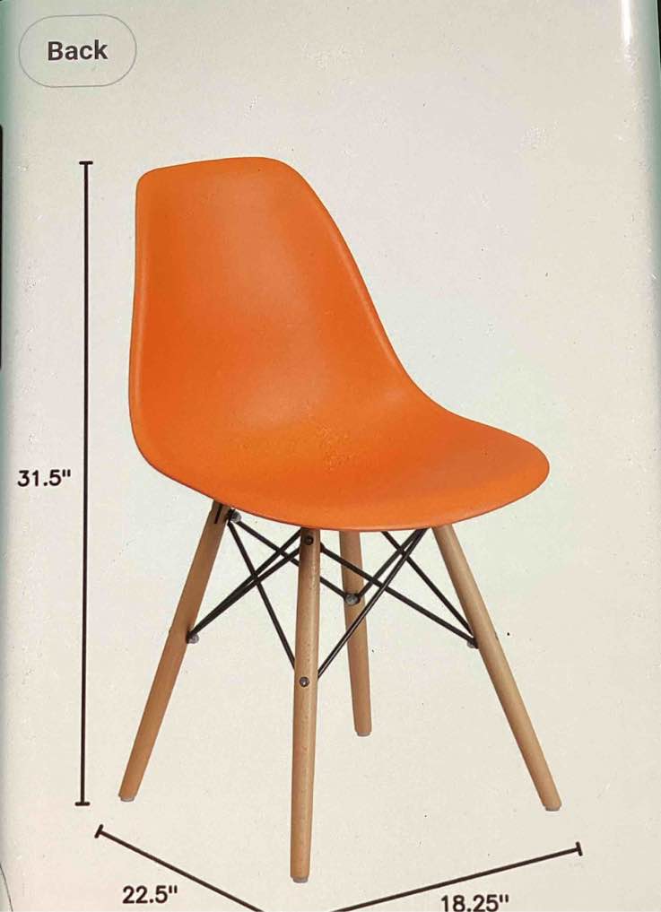 One Orange Plastic Chair With Wooden Legs *Missing Hardware *