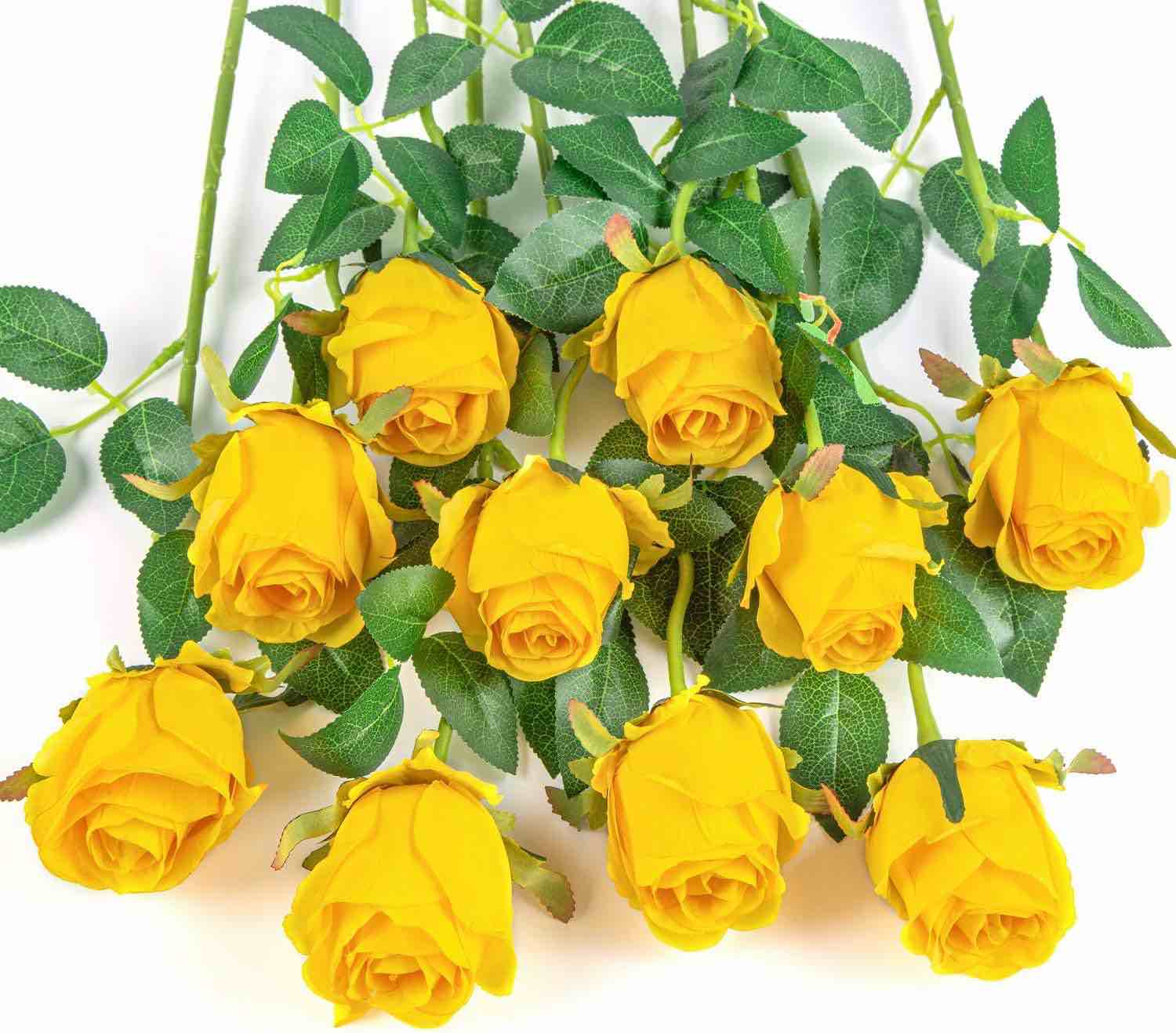10pcs Yellow Roses Artificial Flowers with Long Stem Real Looking Red Fake Roses for DIY Wedding Bouquet Table Centerpiece Faux Red Roses for Bridal Shower Floral Arrangements Home Party Decor Silky Ruby
