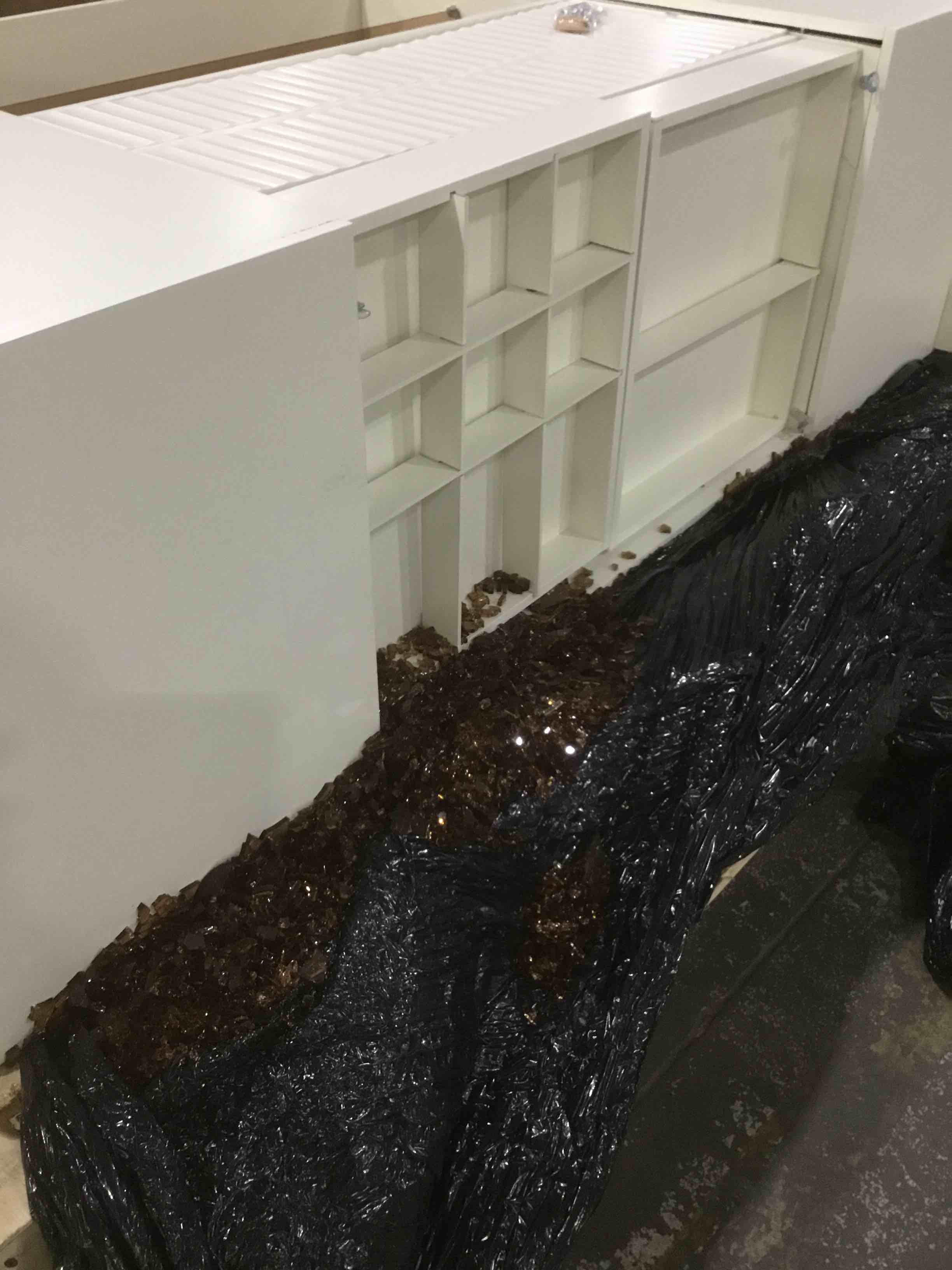 Modern 6 Storage Drawer Island Vanity Dresser with Glass Tabletop **(Has damage)***