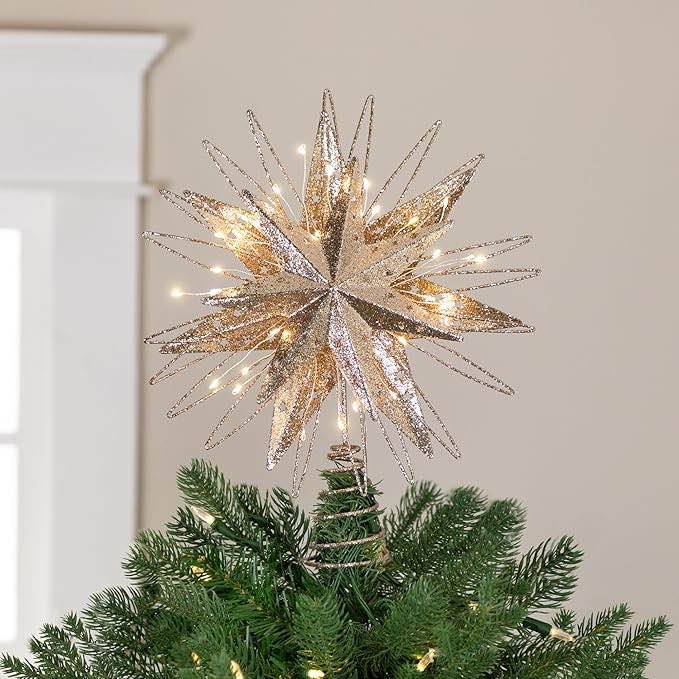 LED Lighted Glittered Starburst Christmas Tree Topper - 13" - White Lights