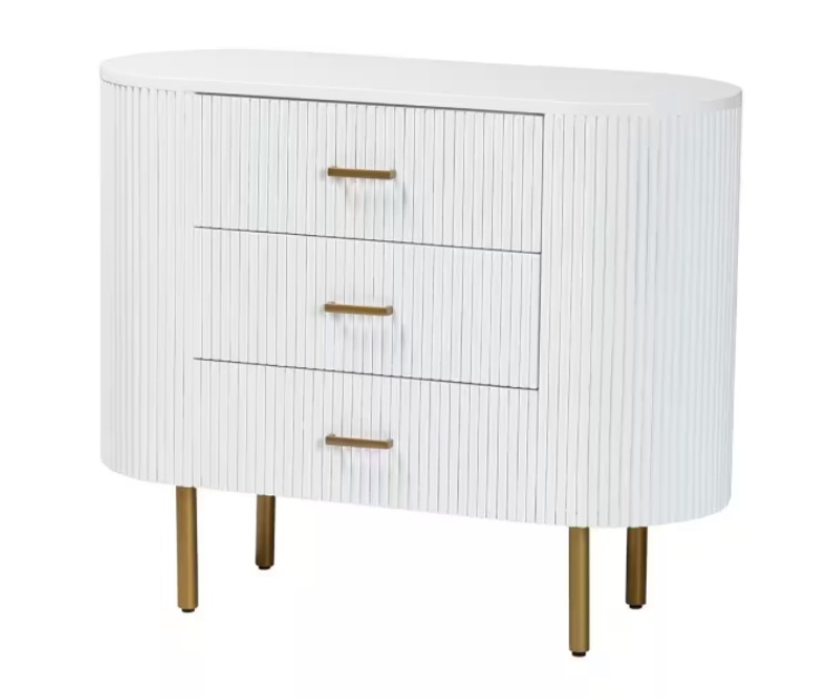 Bali & Pari Beyla Mid-Century White Fluted Wood And Gold Metal 3-Drawer Dresser