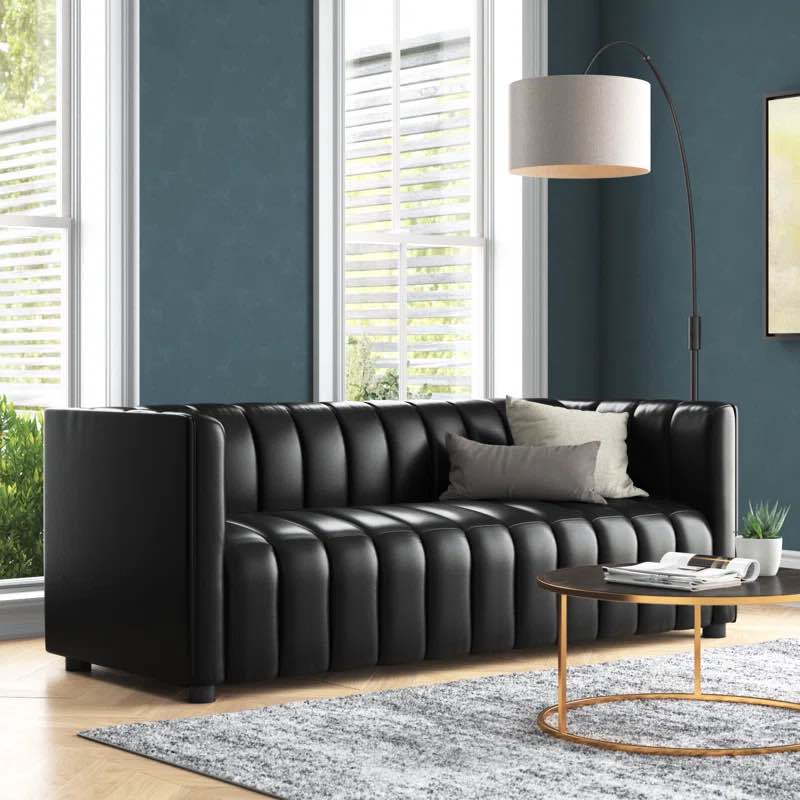 Anorea 83'' Genuine Leather Channel Tufted Sofa (black) (2 boxes) 