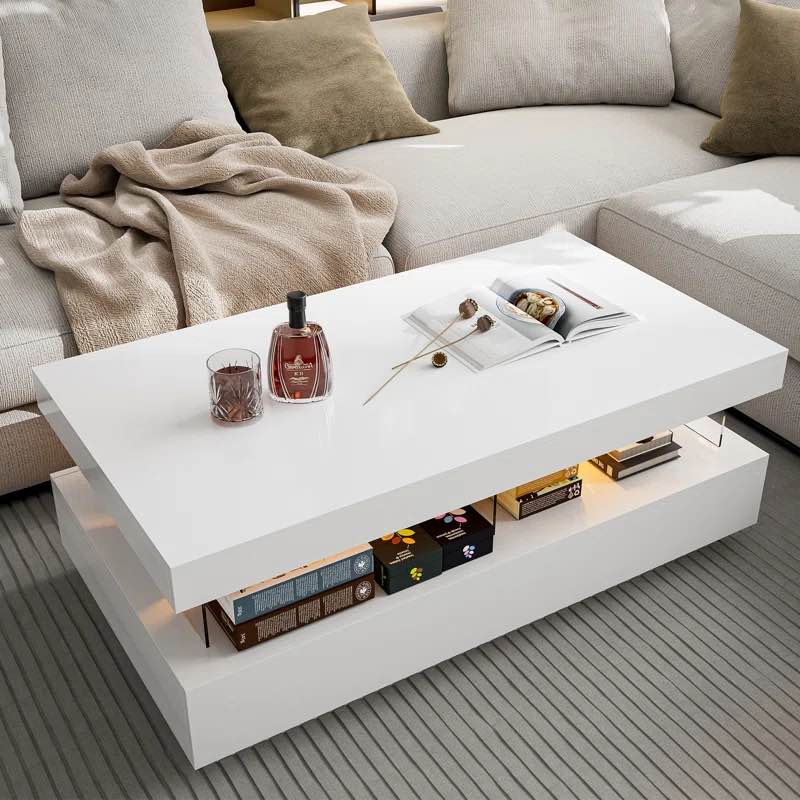 Ajhani High Glossy Coffee Table with Acrylic Design Open Space and 2 Storage Drawers