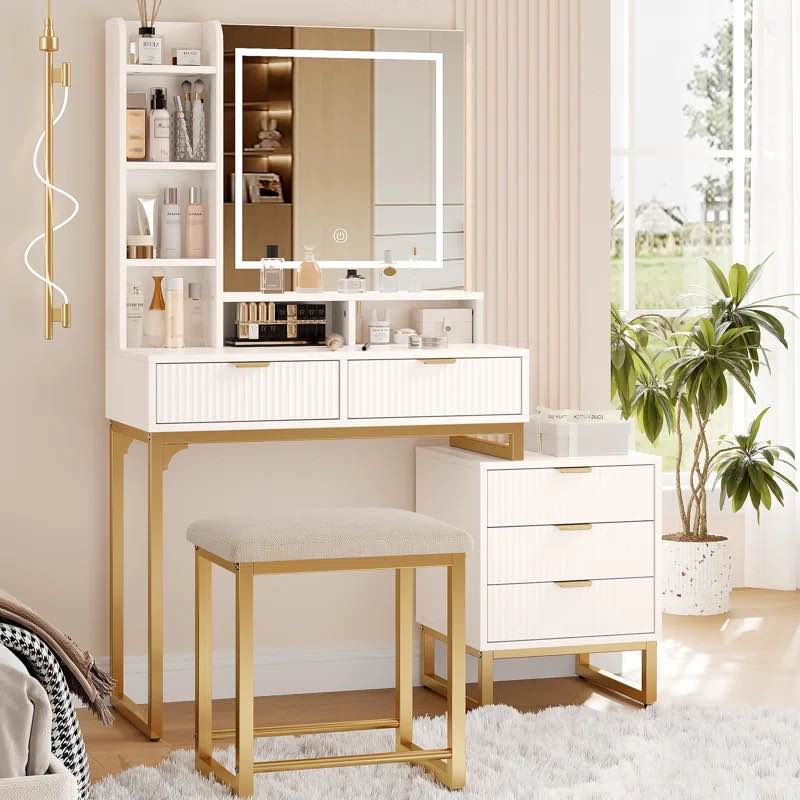 Makeup Vanity Desk With Mirror And Lights, Vanity Table With 5 Drawers, Vanity Set With Stool