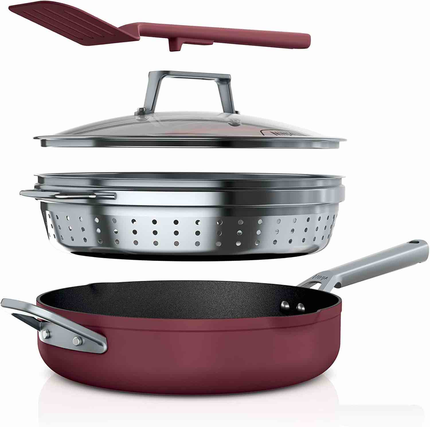 Ninja CW102RD Foodi NeverStick PossiblePan, Premium Set with 4-Quart Capacity Pan, Steamer/Strainer Basket, Glass Lid & Integrated Spatula, Nonstick, Durable & Oven Safe to 500°F, Cherry Tart Cherry Tart Pan