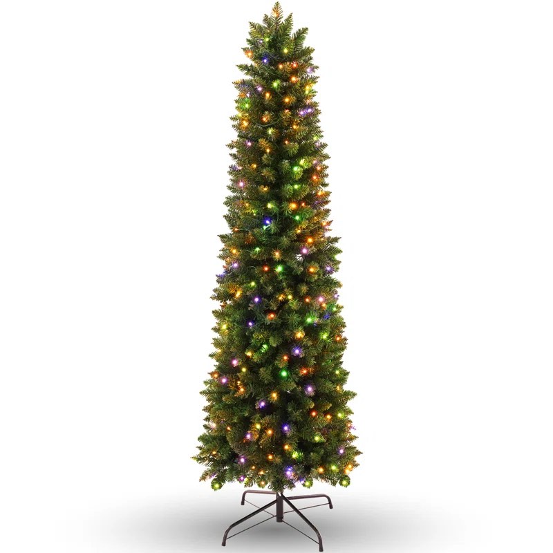 6Ft Pre-Lit Pencil Artificial Christmas Tree With Multicolor LED Lights - Slim Green Xmas Tress, Easy Assembly, Hinged Branches, And Sturdy Metal Stand