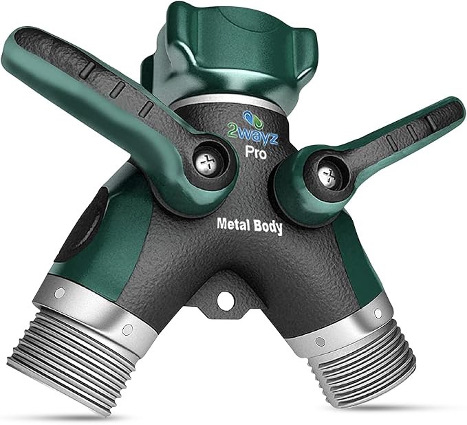 2WAYZ- Hose Splitter, 2 Way Heavy Duty, Garden Hose Splitter, Faucet Splitter, Outdoor Faucet Splitter, y Adapter for Water Hose, Water Spigot Splitter, All Metal, with Shut off Valve - 4" x 4" x 1.5"