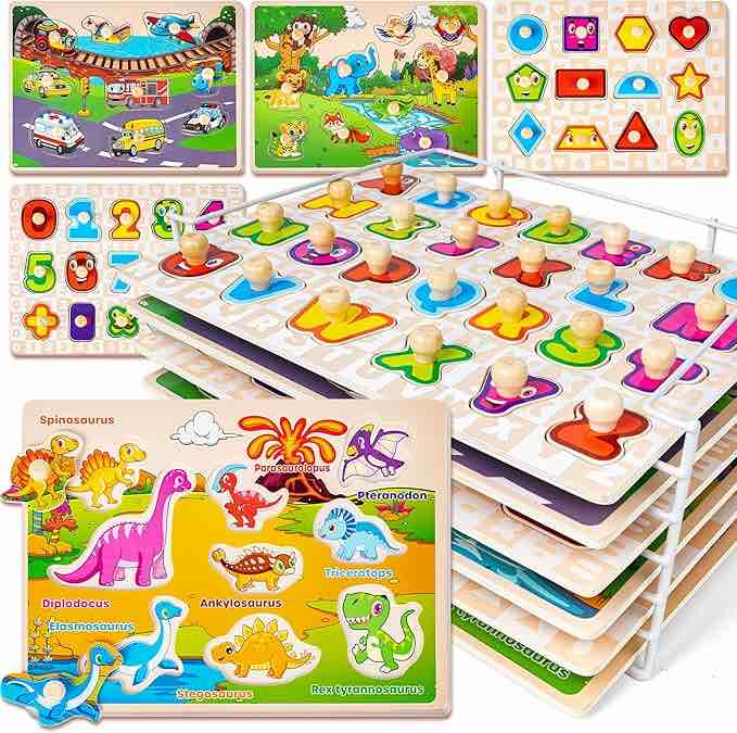 QUOKKA 8 Wooden Puzzles for Toddlers 1-3 - Toddler Montessori Puzzles Ages 2-4 in a Rack - Learning Alphabet, Numbers and Animals Toy for Kids 3-5 - Wood Games Gift for Boys and Girls
