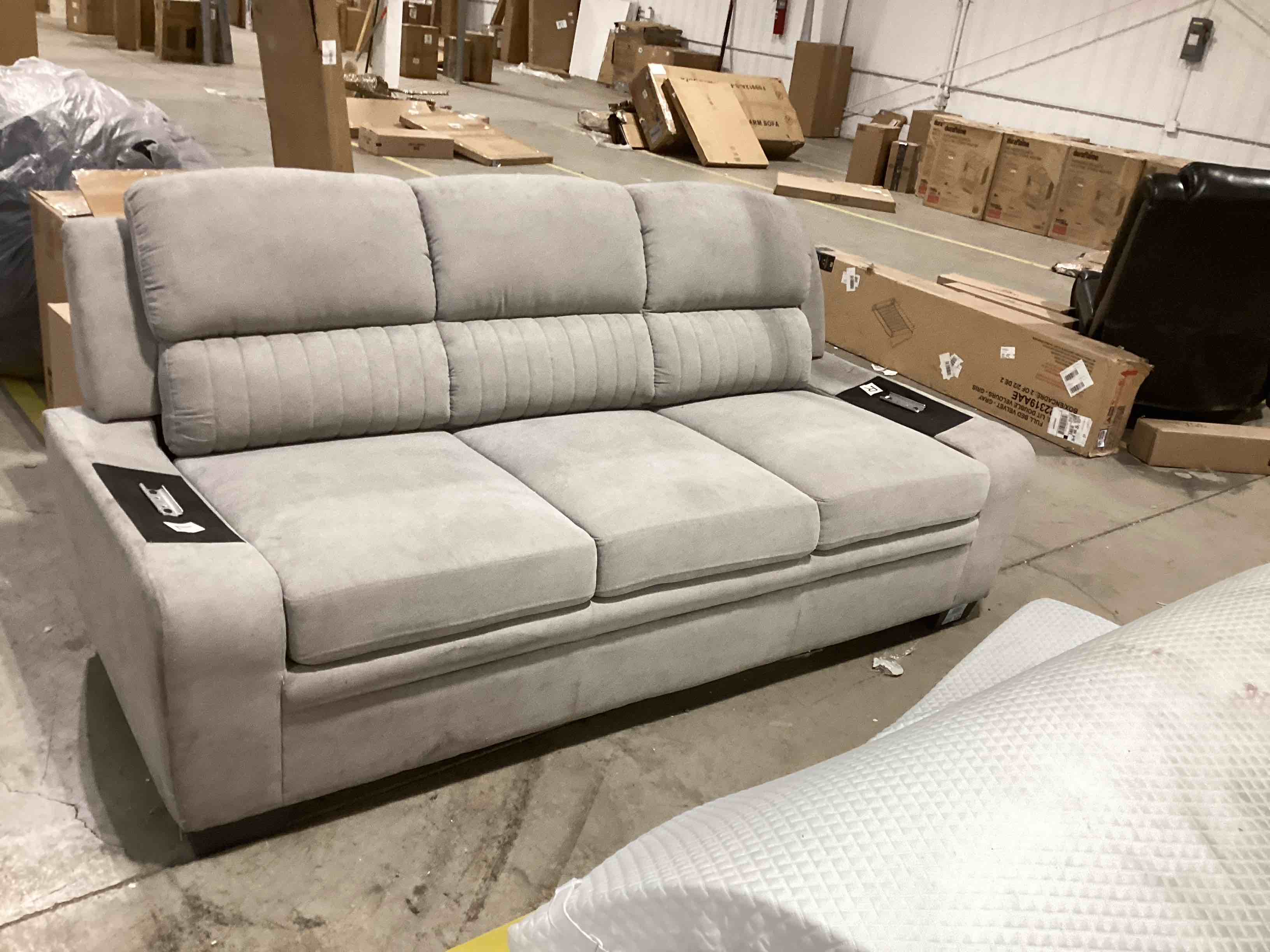 Condition photo showing Good Condition for Pemberly Row Plush Channel Tufted Sofa with Pillow Top Arms, Textured Fabric Upholstered 3 Seater Couch for Living Room Home Office, Light Gray